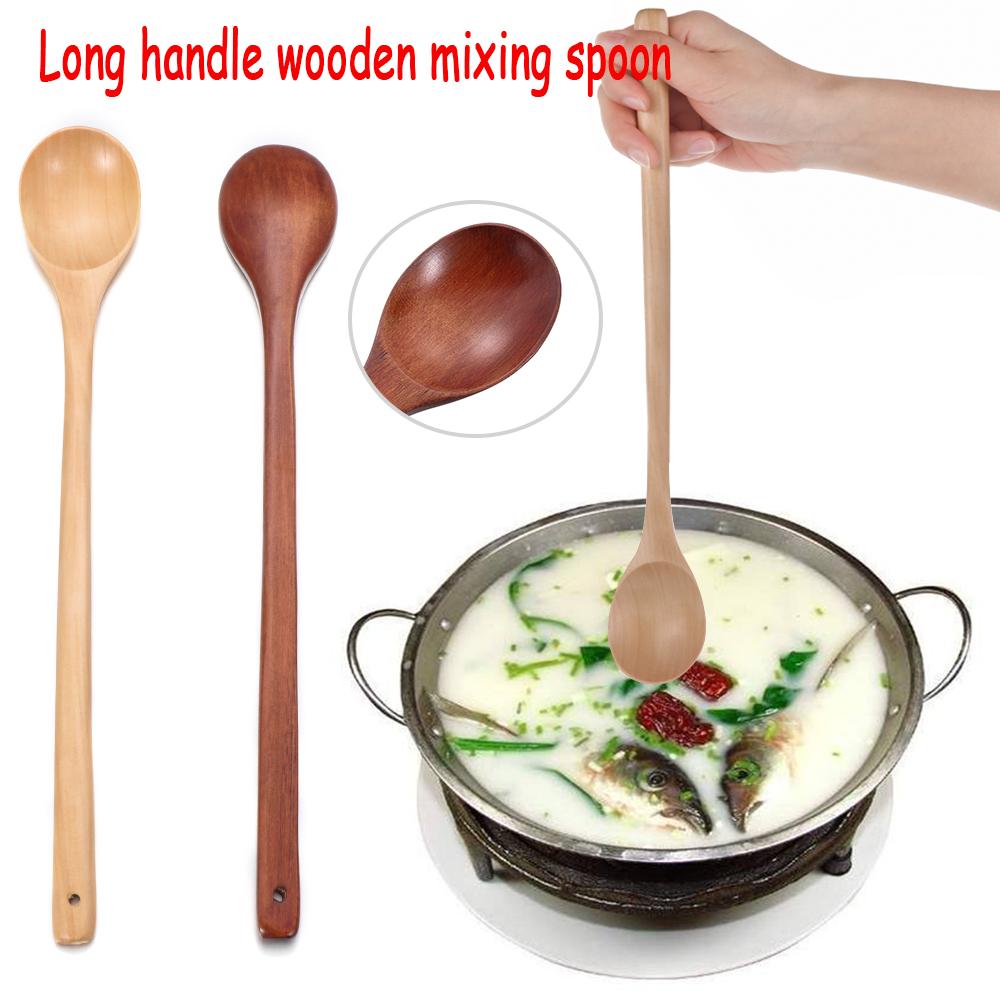 Japanese-Style Long Handle Wooden Spoon Natural Solid Large Wood Soup Scoop Tea Spoons Tableware Porridge Dessert Stirring Spoon