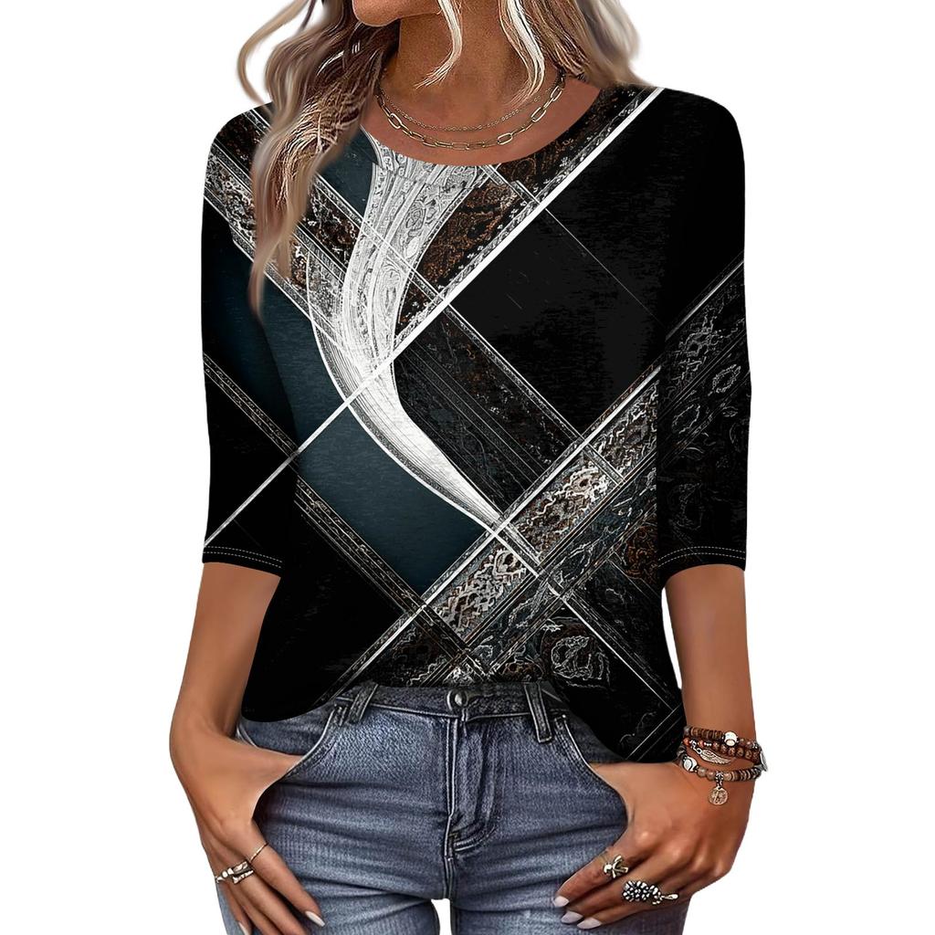 Trendy Vintage 3/4 Sleeve Top For Women,Ladies Casual Three Quarter Sleeve Round Collar Printed T-Shirt Blouse