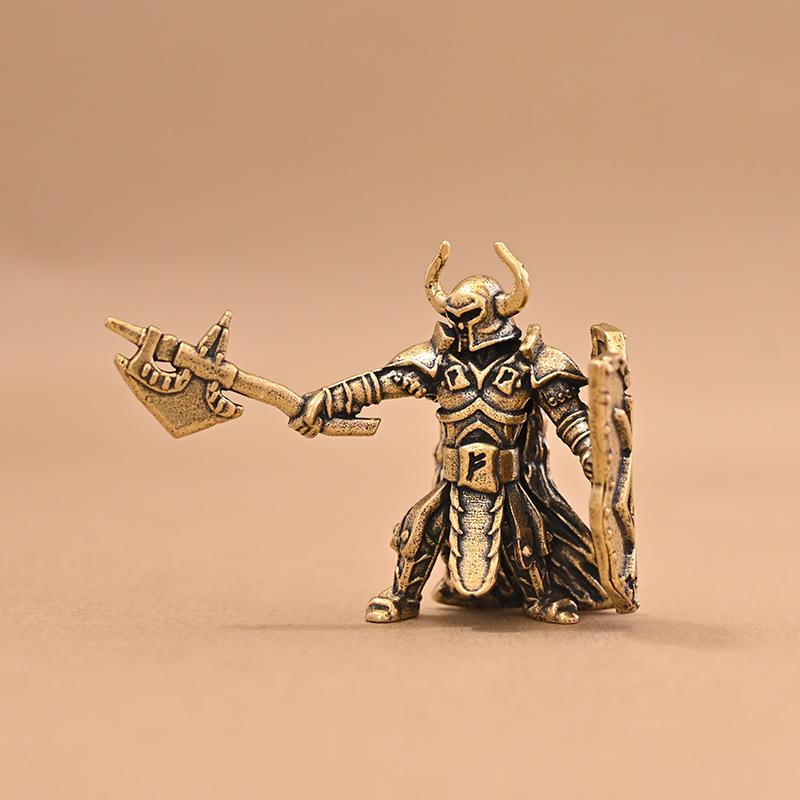 Vintage Brass Medieval Warrior Ornament Axe & Shield Design Durable Collectible Figurine for Home Shelf Decor
