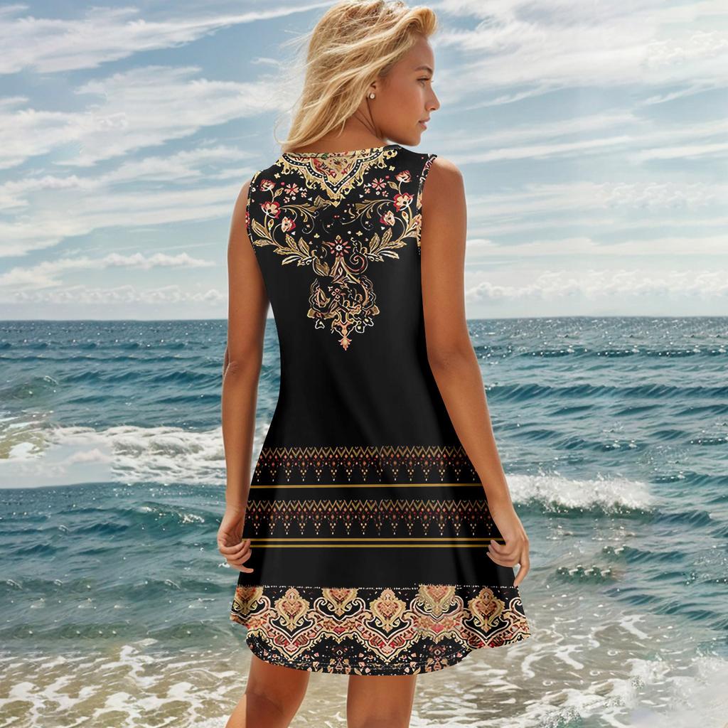 Sommerkjoler For Kvinner Strand Boho Ermeløs Trykk Flytende Lomme T-skjorte Tank Solkjoler