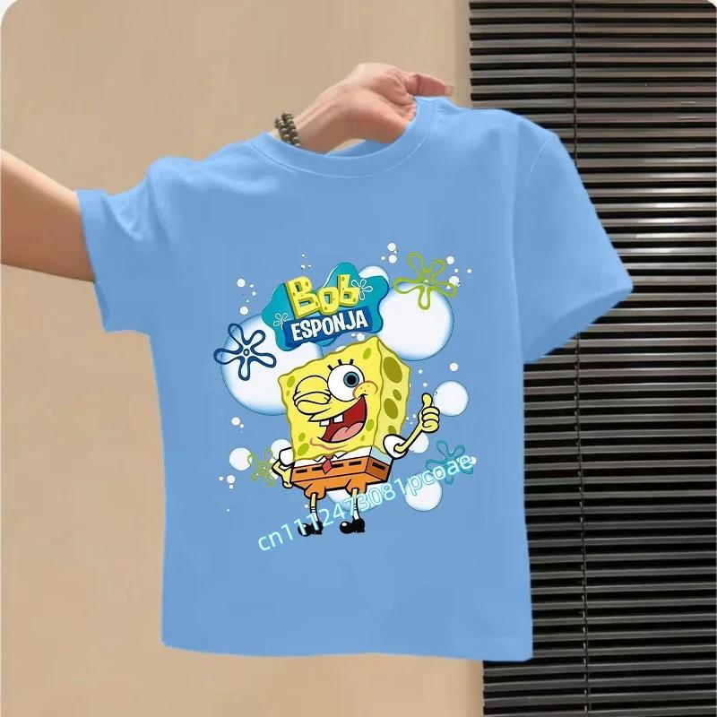 2026 SpongeBob Summer Tshirt for Children  100 Cotton ShortSleeved Boys Sport Shirt  Girls Casual Top with Cartoon Print