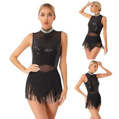 Women Sequins Latin Jazz Dance Costume Sleeveless Cutout Back Flowy Tassel Dress Leotard Ballet Dancewear