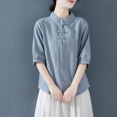 Vintage Literatur und Kunst Tellerknopf Stehkragen Baumwollleinen Jacquardhemd Damen Sommerkleidung Vielseitiger Pullover Leinen T-Shirt Top mit fünf Ärmeln