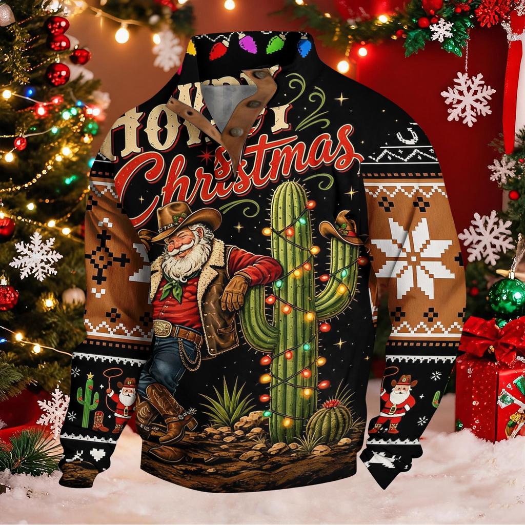 Men's Funny Novelty Christmas Print Button Pullover Hoodie Sweatshirt for Holiday Party