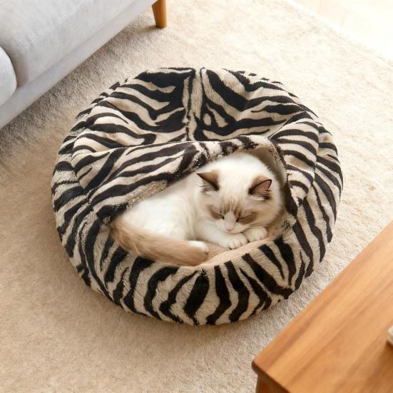 Plüsch-Katzenbett mit Kapuze, halbgeschlossenes beruhigendes Nest, selbstwärmende Höhle, gemütliches Bett für Wohnungskatzen oder kleine Hunde, abnehmbarer waschbarer Bezug mit