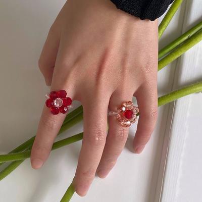 Vintage Bohemian Crystal Beaded Flower Elastic Ring Handmade Woven Rice Beads Flower Ring for Women Girls Party Gift Jewelry