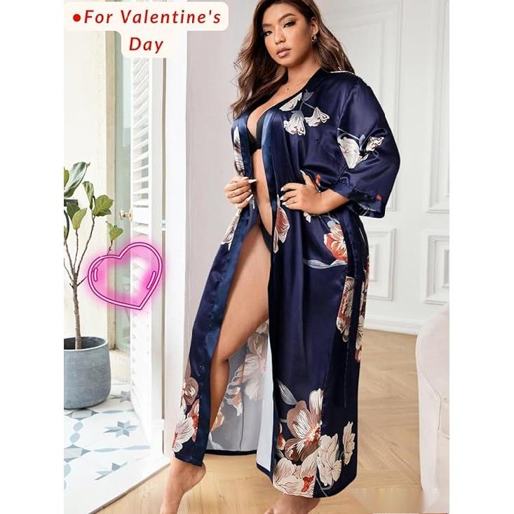Women's Plus Size Valentines Robe, Sexy Satin Robe Long Sleepwear