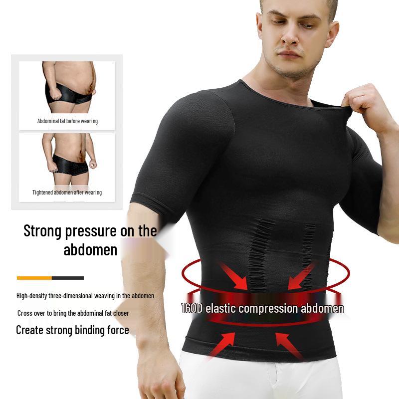 Pánský 140D nylonový tvarující korzet: Stahovací top na břicho, s krátkým rukávem, bezešvý styl 001Y