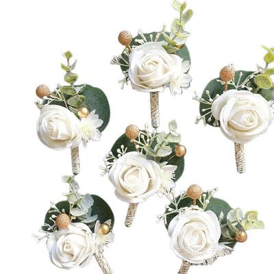European & American Forest-Style White Rose Boutonniere for Groomsmen & Guests
