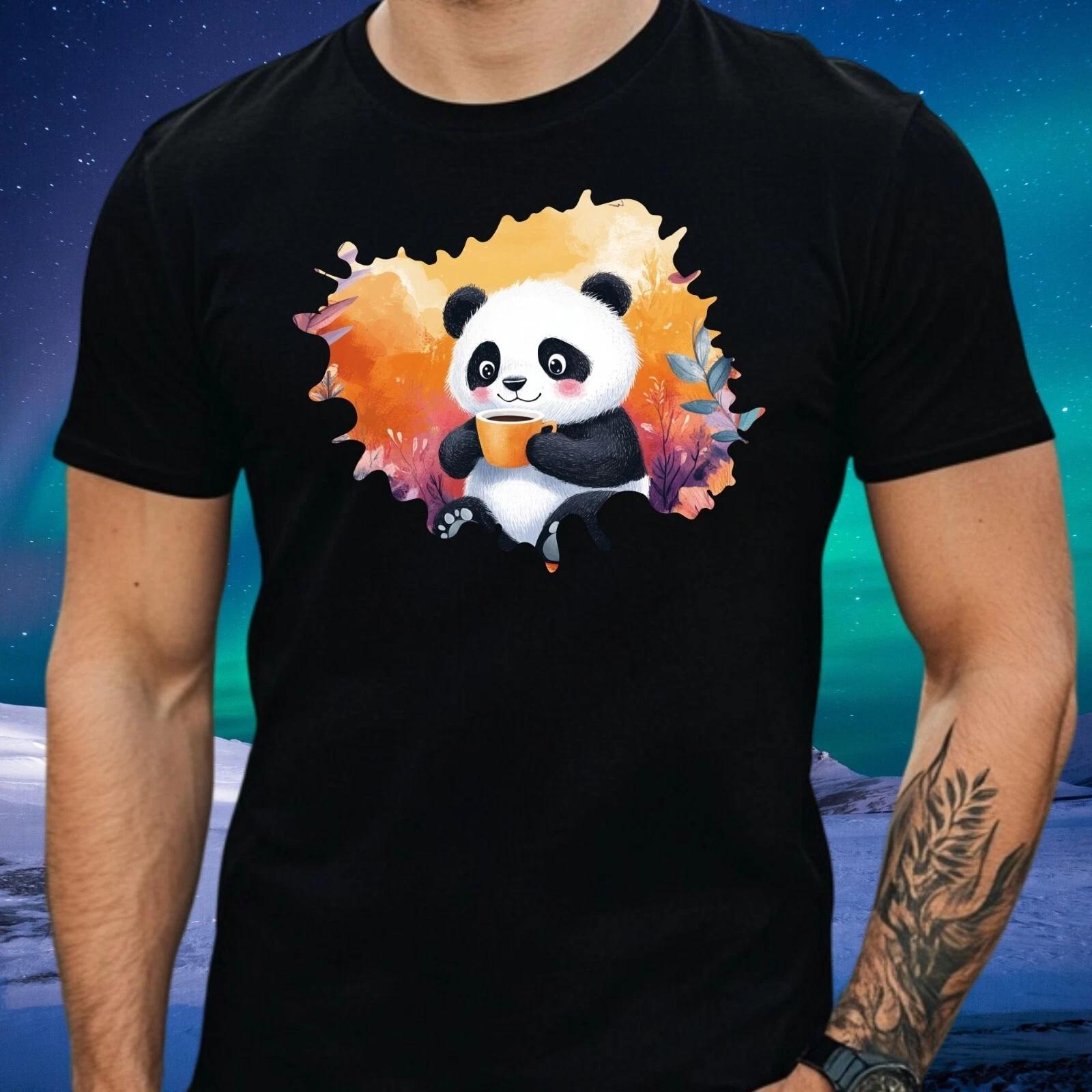 T-Shirt Herren Panda trinkt Kaffee Motiv Baumwolle Größe S bis 5XL XXXXL