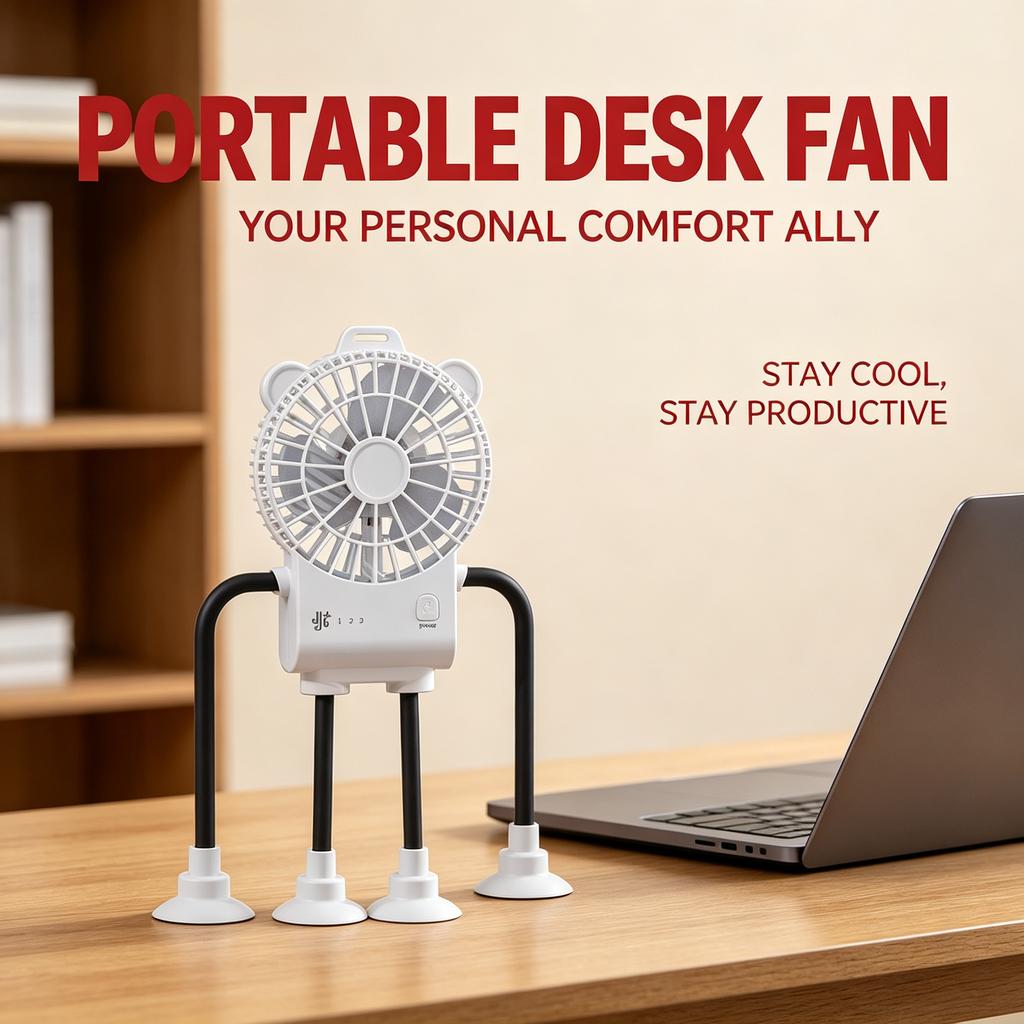 Ventilador de escritorio portátil recargable con luz LED y soporte de succión para oficina hogar