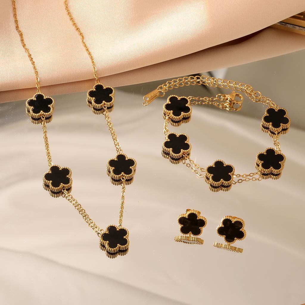 LUXUKISSKIDS Fashion Flower Necklace Earrings Set Jewelry Women Stainless Steel White Shell Clover Bracelet Jewelry Accessories