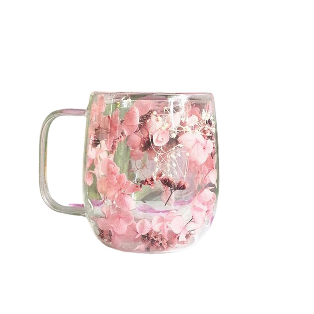 390ml Double Wall Glass Mug with Handle Clear Drinking Cup Decorative Floral Design for Hot and Cold Beverages Home Office Use