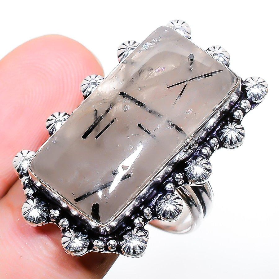 Black Rutile Gemstone Handmade 925 Sterling Silver Jewelry Pendant 3.74"