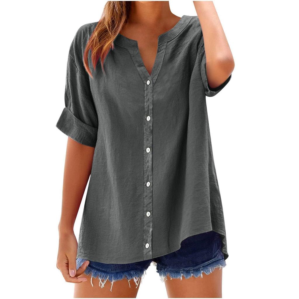 Spring and Summer New Button Shirt, Casual, Loose and Elegant Plus-size V-neck Top