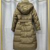 Women's Winter Autumn Hooded White Duck Down Jacket Coat Loose Long Solid Color Big Pocket Belt Waist Down Coat
