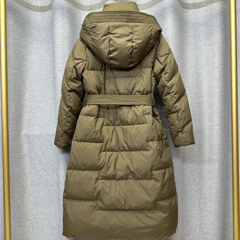 Women's Winter Autumn Hooded White Duck Down Jacket Coat Loose Long Solid Color Big Pocket Belt Waist Down Coat