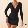 Kvinners Sexy V-hals Ryggløs Langermet Kort Bodycon Kjole - Høstmote