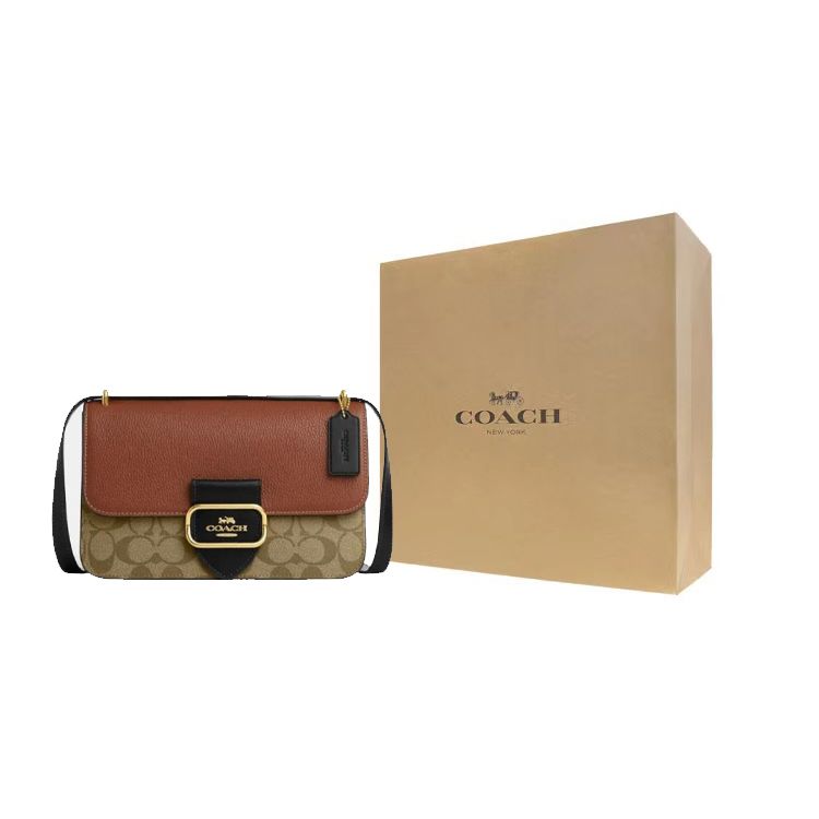 Coach Morgan Square 25 Classic Monogram Flap Snap Fabric With Leather Shoulder Crossbody Bag Medium Women bags Khaki Brown CM713-IME7V