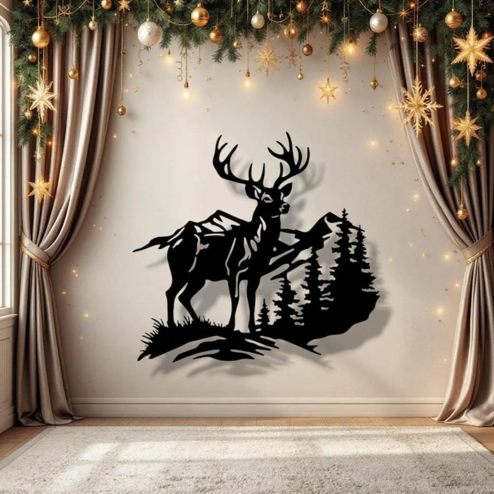 Forest Wildlife Metal Wall Art Deer Mountain Silhouette Steel Sculpture Home Decor