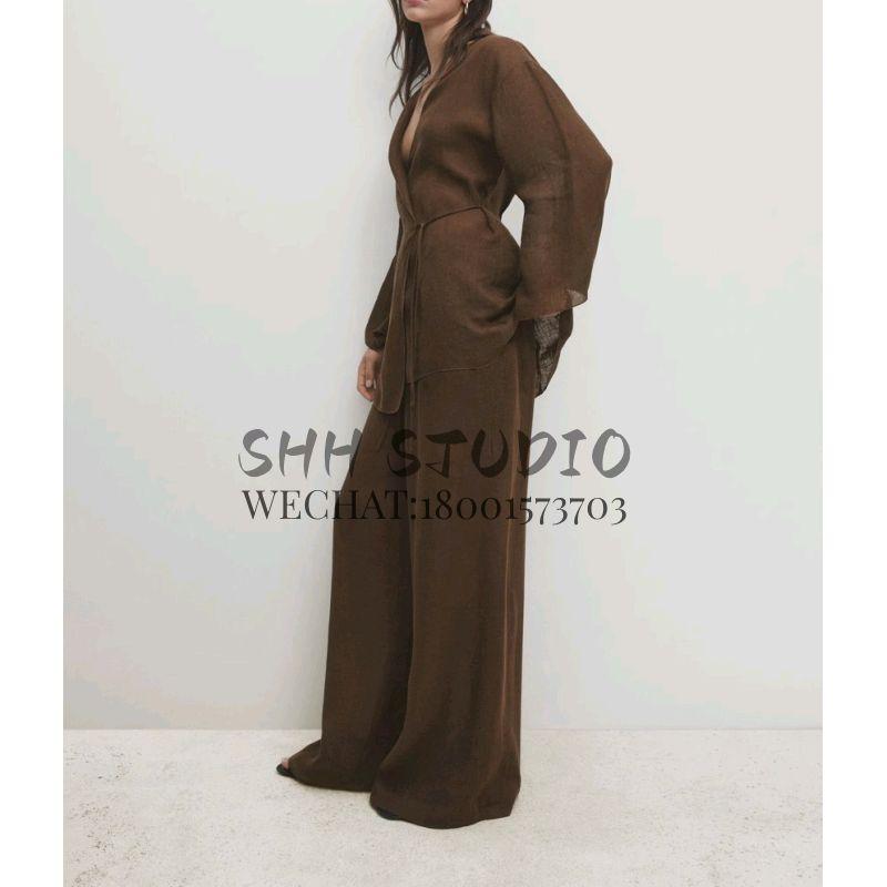 Linen Blend Kimono Cross Outwear 6078572 Retro Brown Elegant Wide Leg Pants 5057572