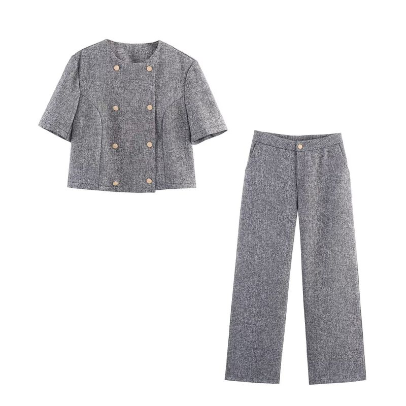 

Kaslead New Women clothes Western Style Fashion Simple Casual Thin Tweed Outerwear Pants set Suit XL