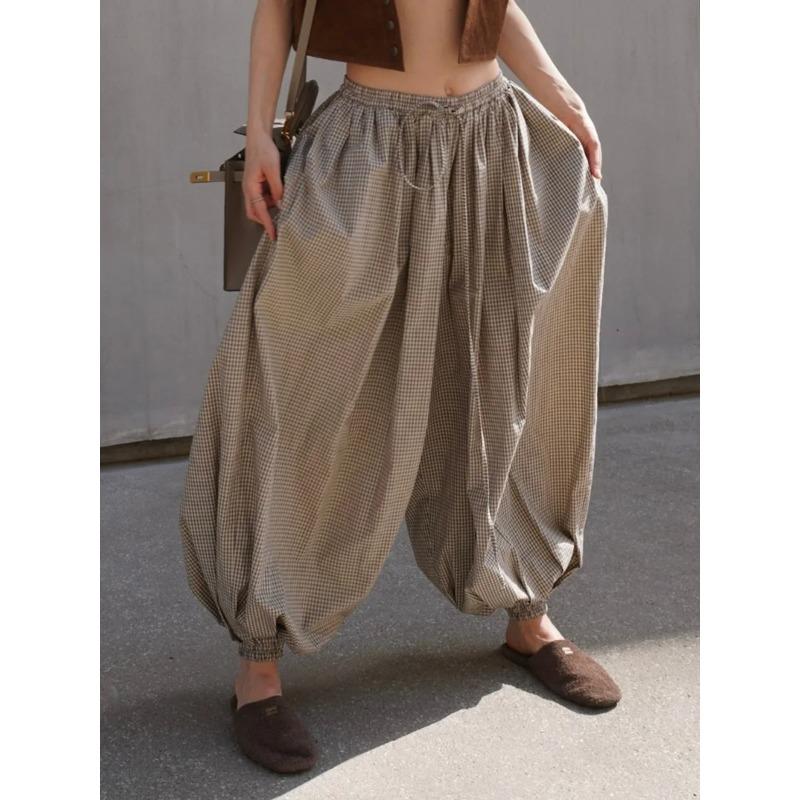 Bornladies Women's Retro Brown Lantern Pants High Waist Trendy Loose Fit Plaid Spring Summer Fashion Trousers