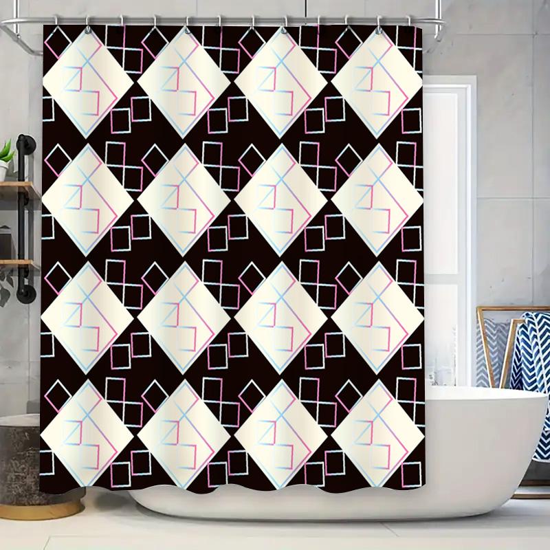 

Modern Geometric Bathroom Shower Curtain White Pink Square Pattern Polyester Fabric Water Repellent Design W60H190(CM)-1 Pcs