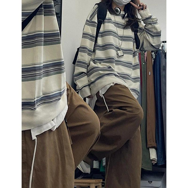 Striped crew neck thin sweater women's autumn contrasting colors Japanese retro loose niche 2026 new long-sleeved hoopless top
