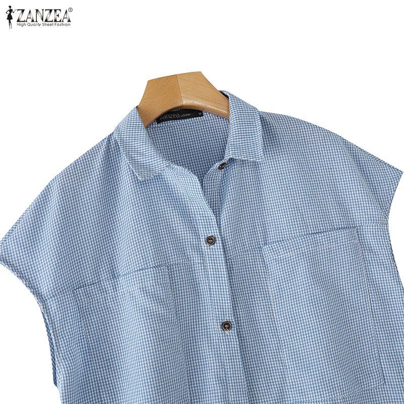 ZANZEA Women Casual Turn Down Collar Loose Short Sleeve Plaid Blouse