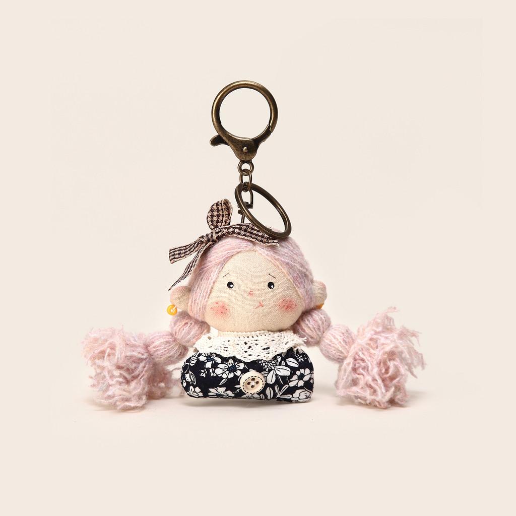 Handmade Korean Plush Doll Keychain With Floral Print Dress Checkered Bow Decor For Gift And Decoration