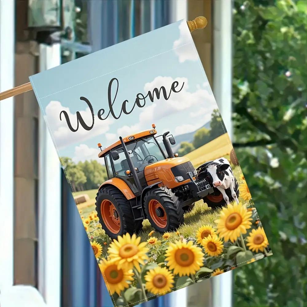 2D Flat - 2D Flat - 2D Printing, A Double-Sided Spring Farm Tractor Banner Featuring Sunflowers for The Yard - Polyester Outdoor Decoration, Designed