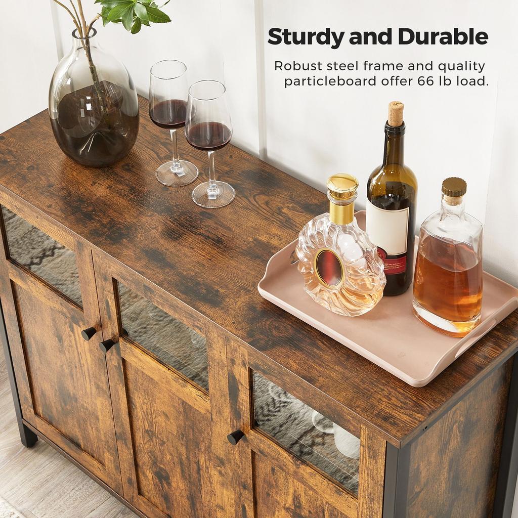 VASAGLE Sideboard, Buffet Table, Storage Cabinet with Glass Doors, Dining Room, Living Room, Hallway, Kitchen, Steel Frame, Industrial Style