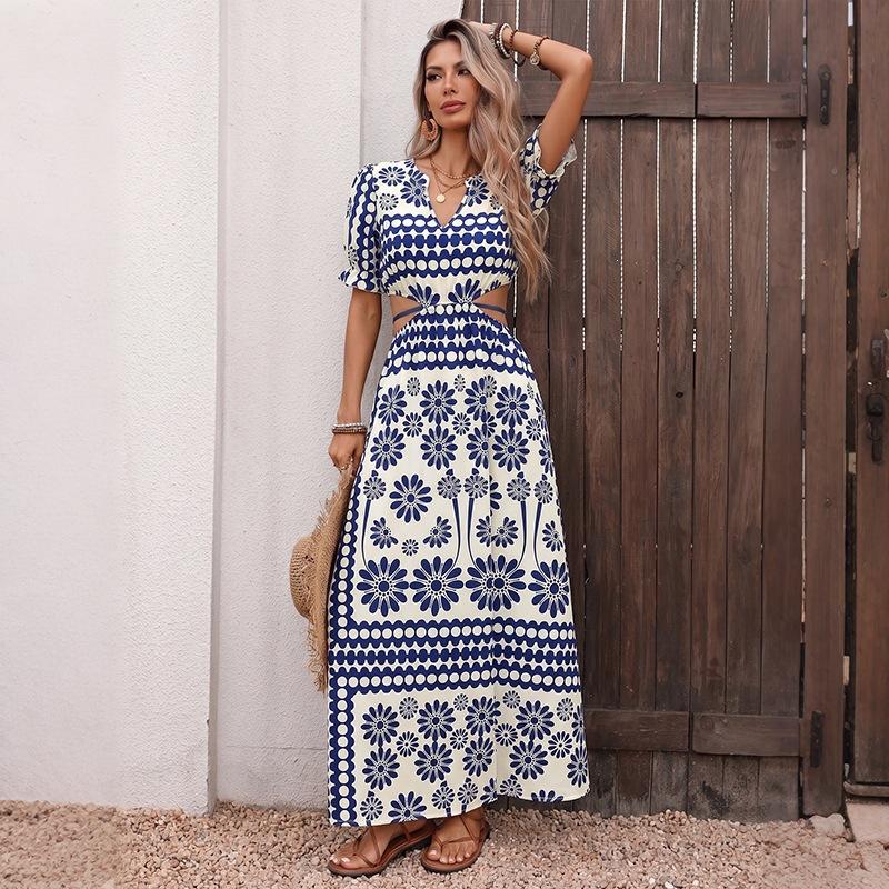 European and American fashion vacation dress V-neck short-sleeved long dress waist hollow lace-up dress