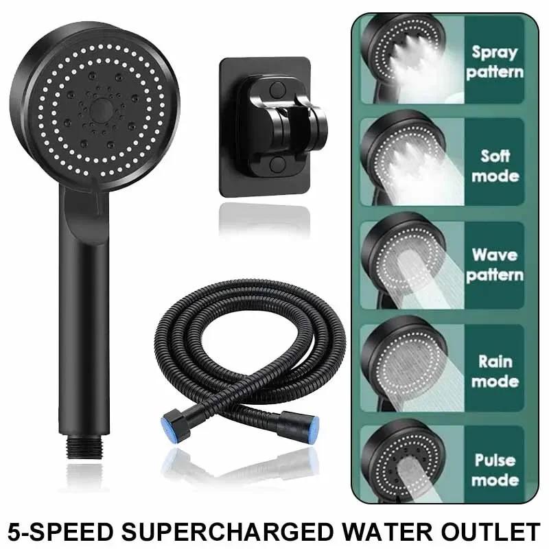 Handheld Spray Shower 5 Modes Booster Shower Head Household Adjustable High Pressure Water Massage Bathroom Supplies