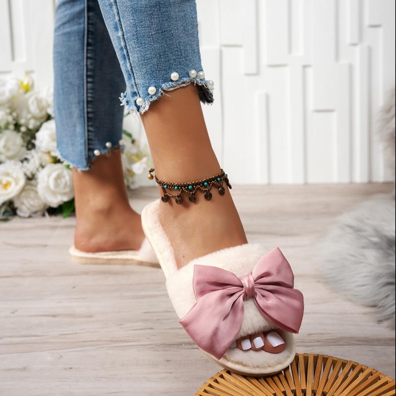 New Autumn Winter Women's Home Cotton Slippers Women Elegant Flat Bottom Warm Head Plush Slippers Trendy Butterfly Knot Slippers