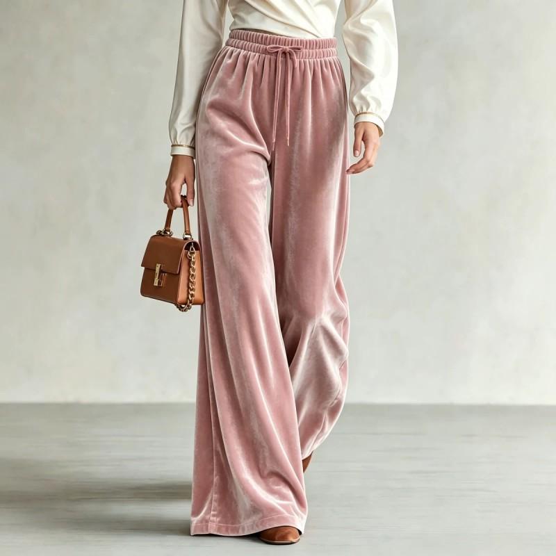 2026 Velvet Wide Leg Pants Women High Waist Loose Fit With Drawstring Pockets Winter
