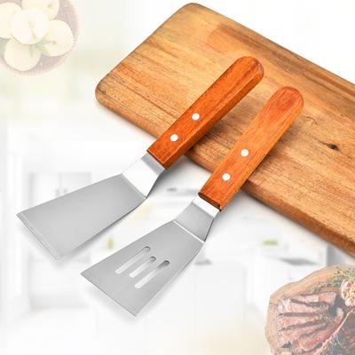 Wooden Handle Frying Spatula Non-stick Cookware Heavy Duty Portable Stainless Steel Slotted Spatula Kitchen Gadget