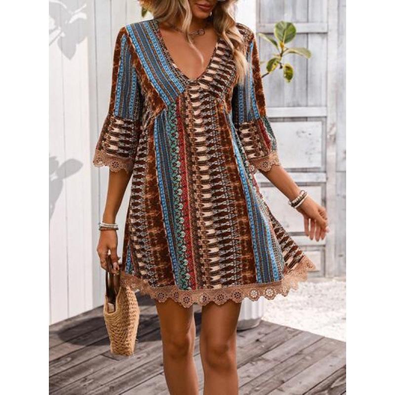 VEZFAA Women's Fashion Summer Spring 1/2 Sleeves V-Neck Loose Waistlinet Casual Dresses