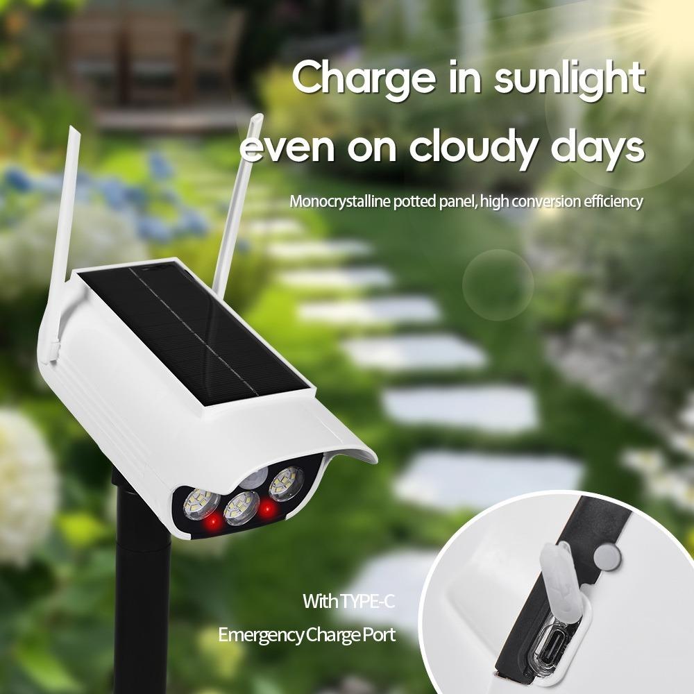 Ground Spike Solar Motion Sensor Light, 360° Rotating Outdoor Garden Light, 3 Modes Security Light with Dummy Camera & USB Dual