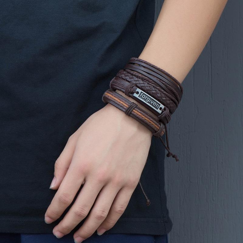 Retro Woven Cowhide Leather Men's Bracelet Set - European & American Handmade DIY Knot