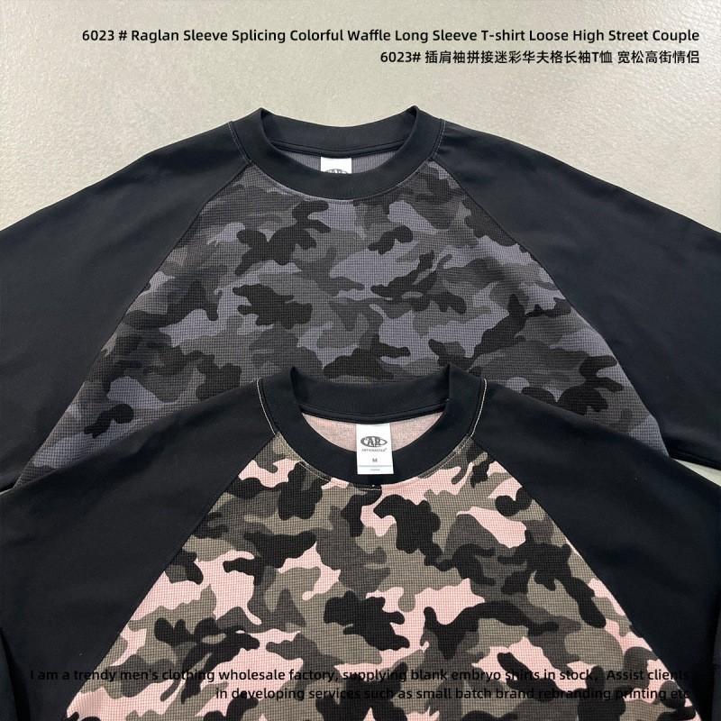 250g Vintage Camo Waffle Knit Raglan Sleeve Boxy Fit Long T-Shirt Couples