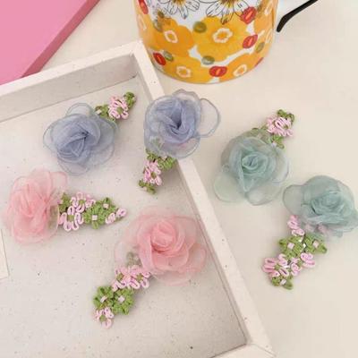 Hairpin Organza Flower Hair Clip with Hand-Crocheted Petals Leaves Sweet Style Bang Hair Pin Hair Accessories