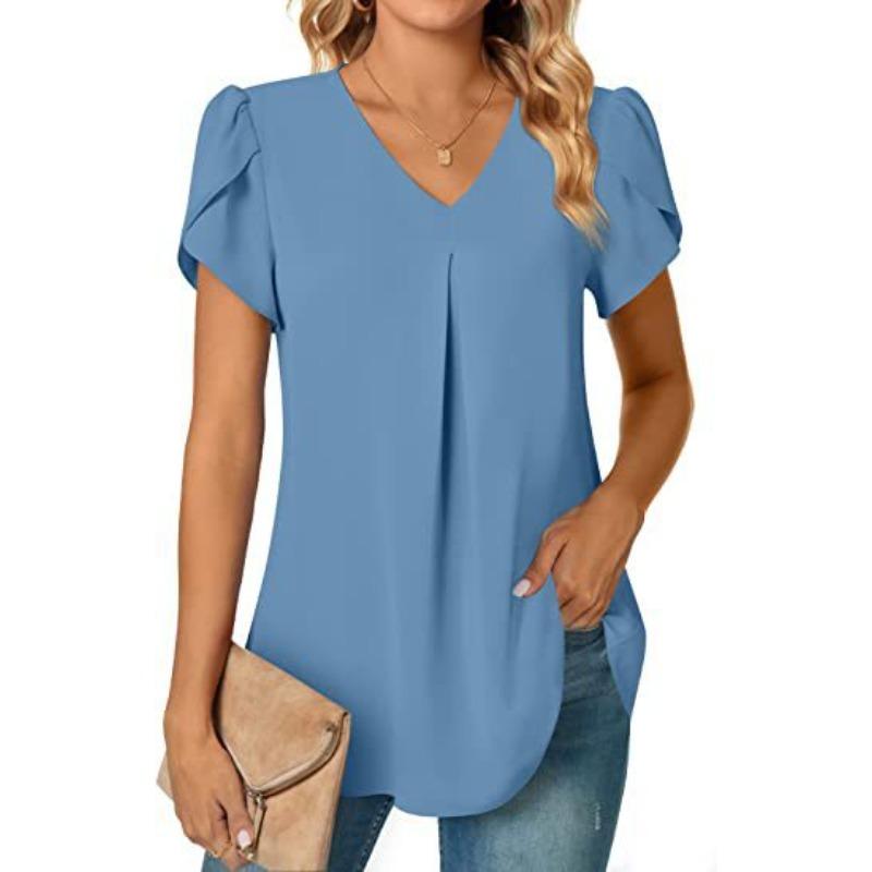 EastRogue Women's Fashion Casual Summer Solid Color Print Short Sleeve V-Neck Blouses & Shirts
