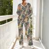 Women's V-Neck Print Long Sleeve Hooded Pajama Set with Pockets, Loose Fit Casual Wear