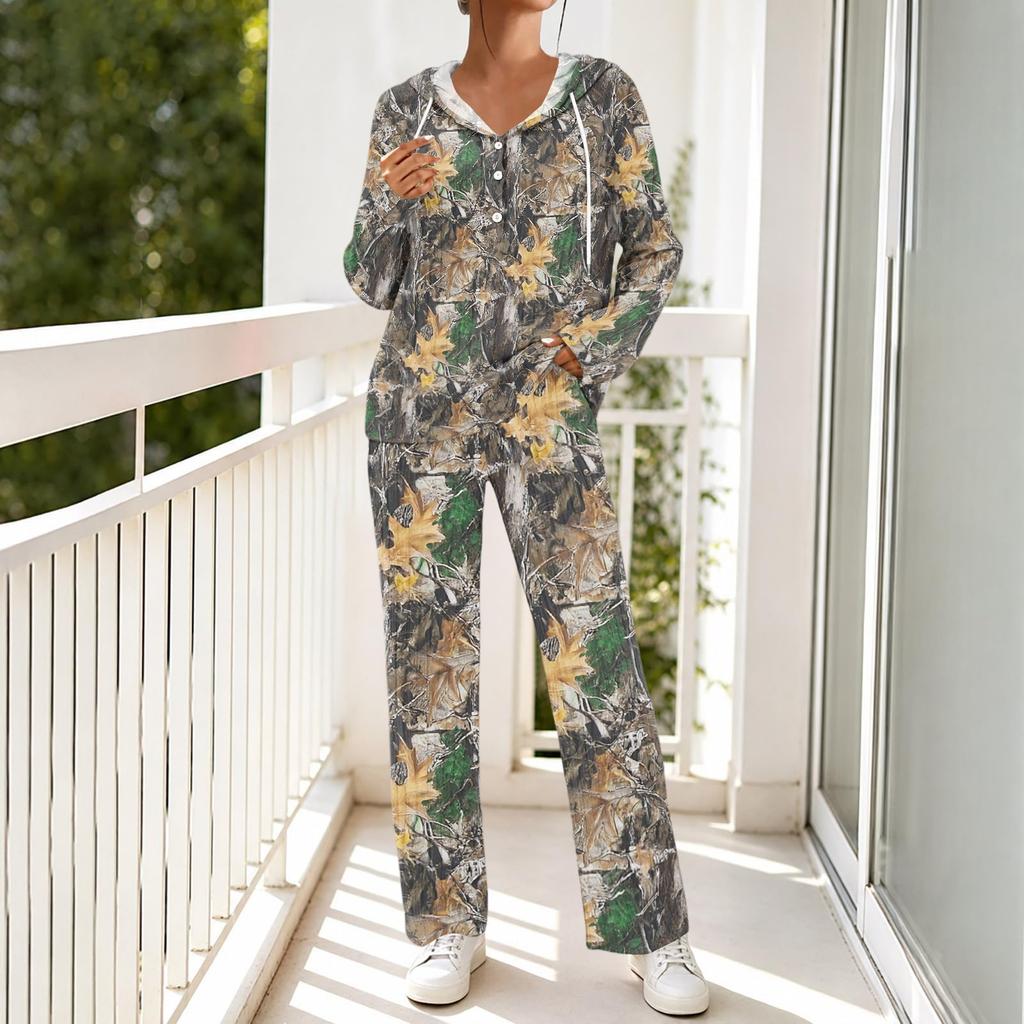 Women's V-Neck Print Long Sleeve Hooded Pajama Set with Pockets, Loose Fit Casual Wear