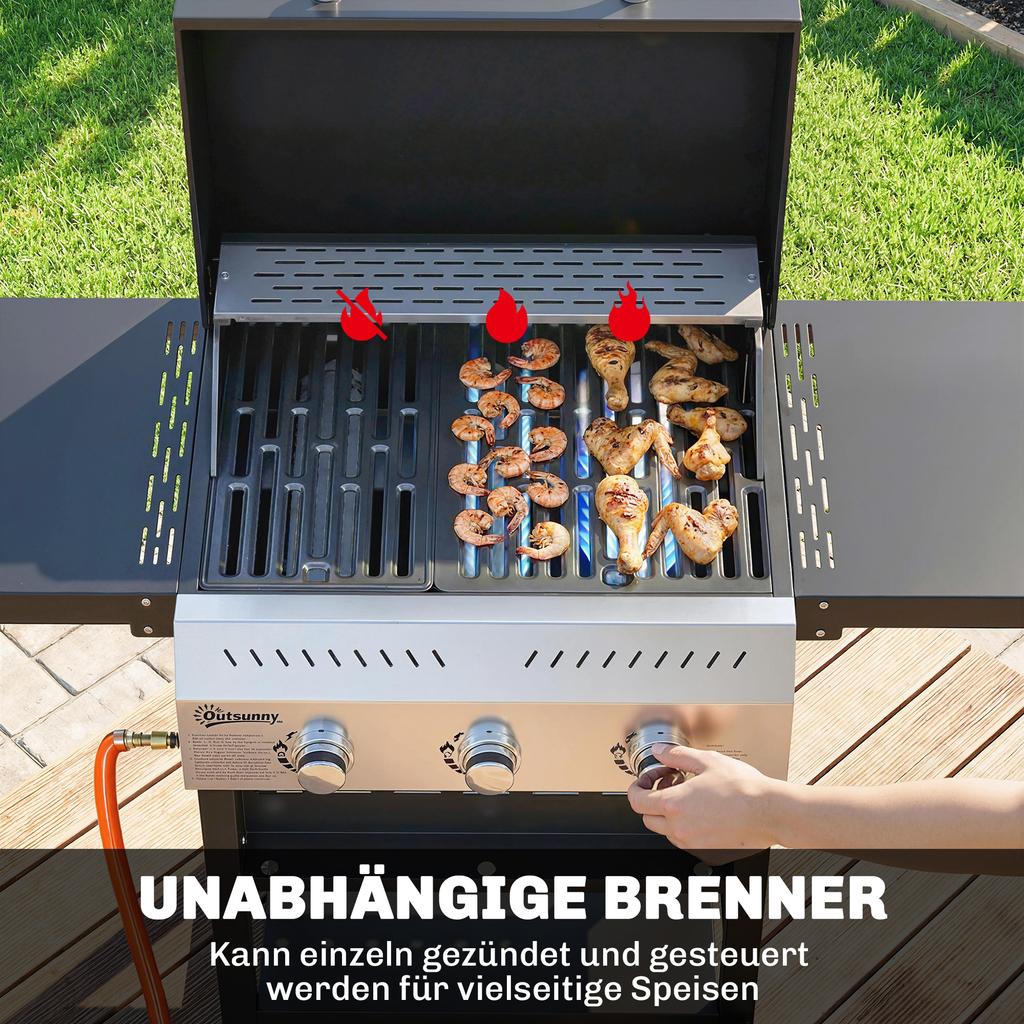 Gasgrill 9 KW 3 Brændere BBQ Grillvogn Rustfrit Stål inkl.. Sammenklappeligt sidebord Krydderistativ Nedre hylde 6 kroge