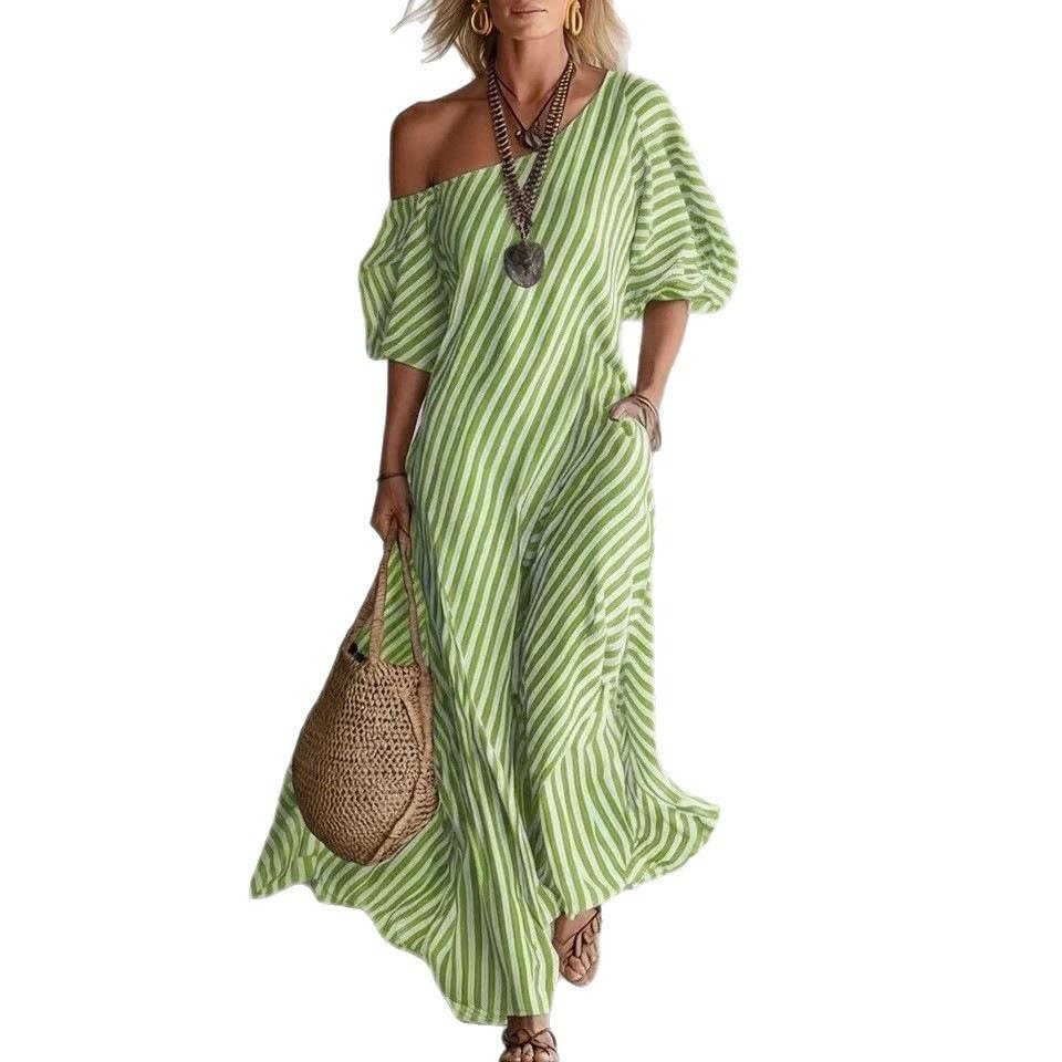 2026 European and American independent station women's fashion spring elegant striped off-the-shoulder dress blue