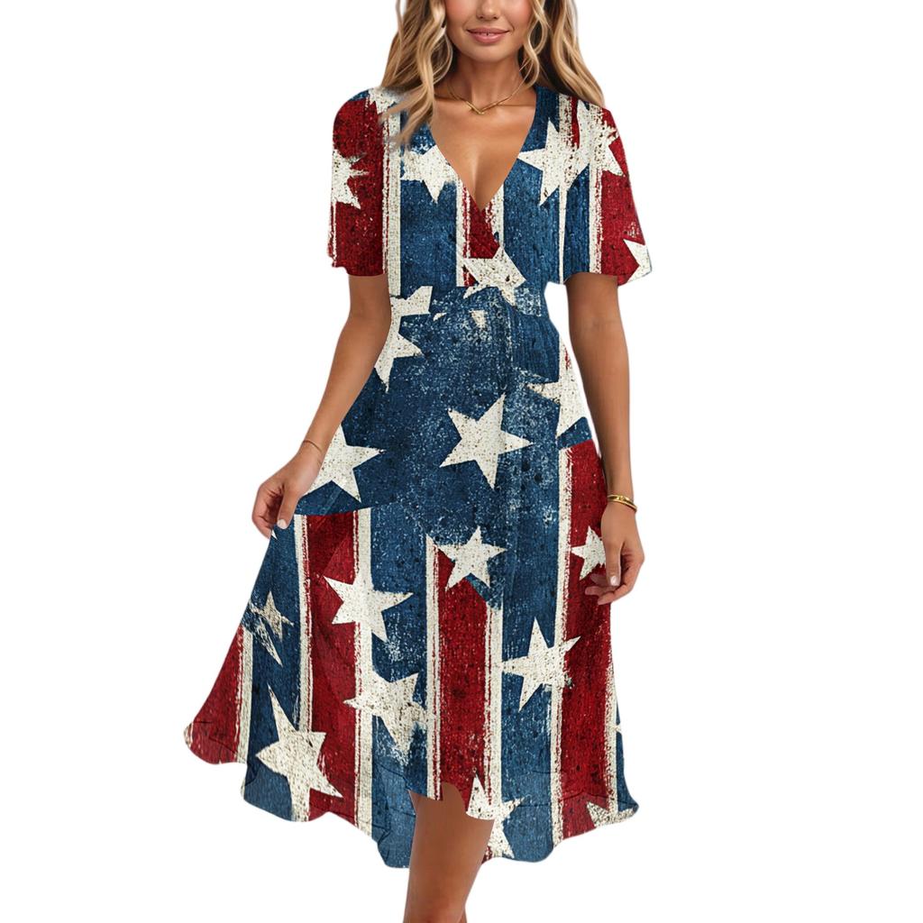 Damen V-Ausschnitt Kurzarm Midi Kleid mit Feuerwerk und Flaggenprint Sommer A-Linie Lässig Fließend Leichtes Kleid