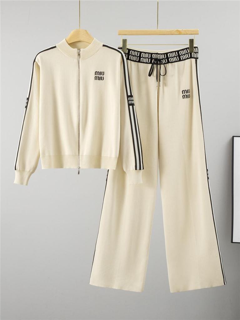 Women's Trendy Knit Set: Embroidered Zip Cardigan & Wide-Leg Pants for Autumn/Winter